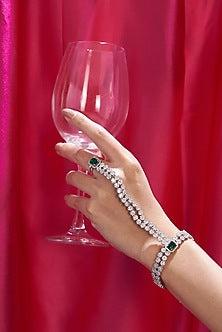 White Finish Zircon & Green Stone Hand Harness