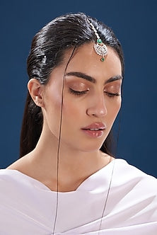 Rose Gold Finish Zircon & Green Stone Maang Tikka