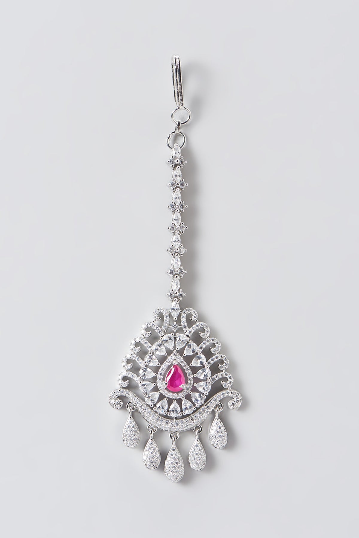 White Finish Faux Diamond & Red Stone Maang Tikka