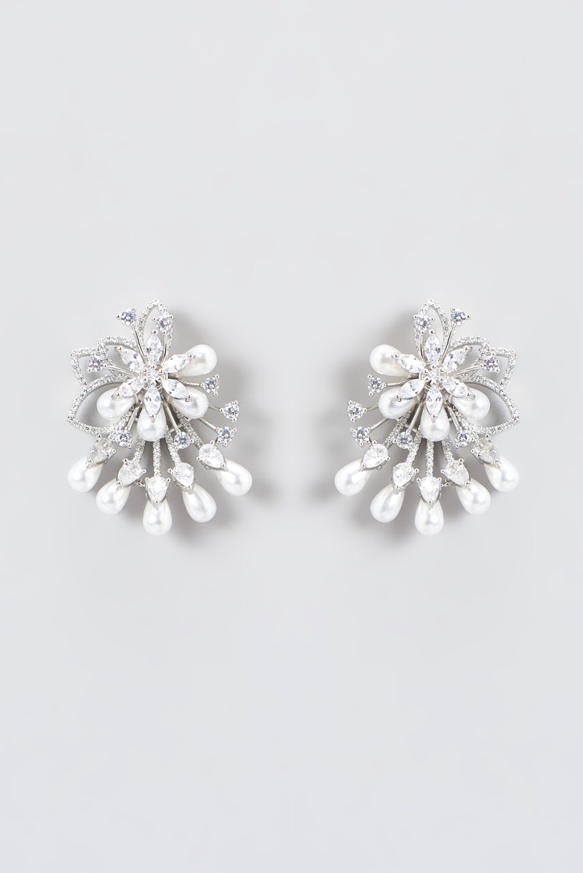 White Finish Zircon & Pearl Stud Earrings