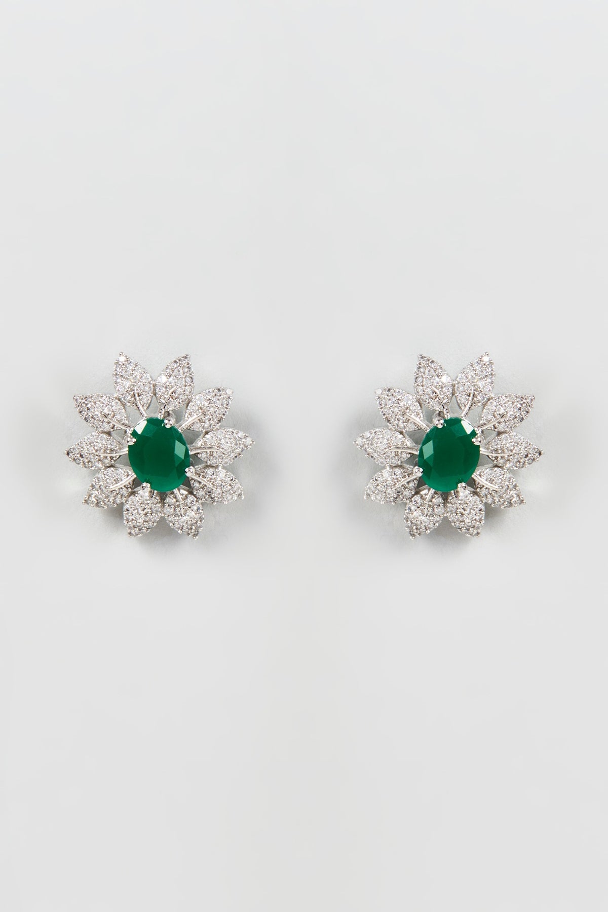 White Finish Zircon & Green Synthetic Stone Stud Earrings