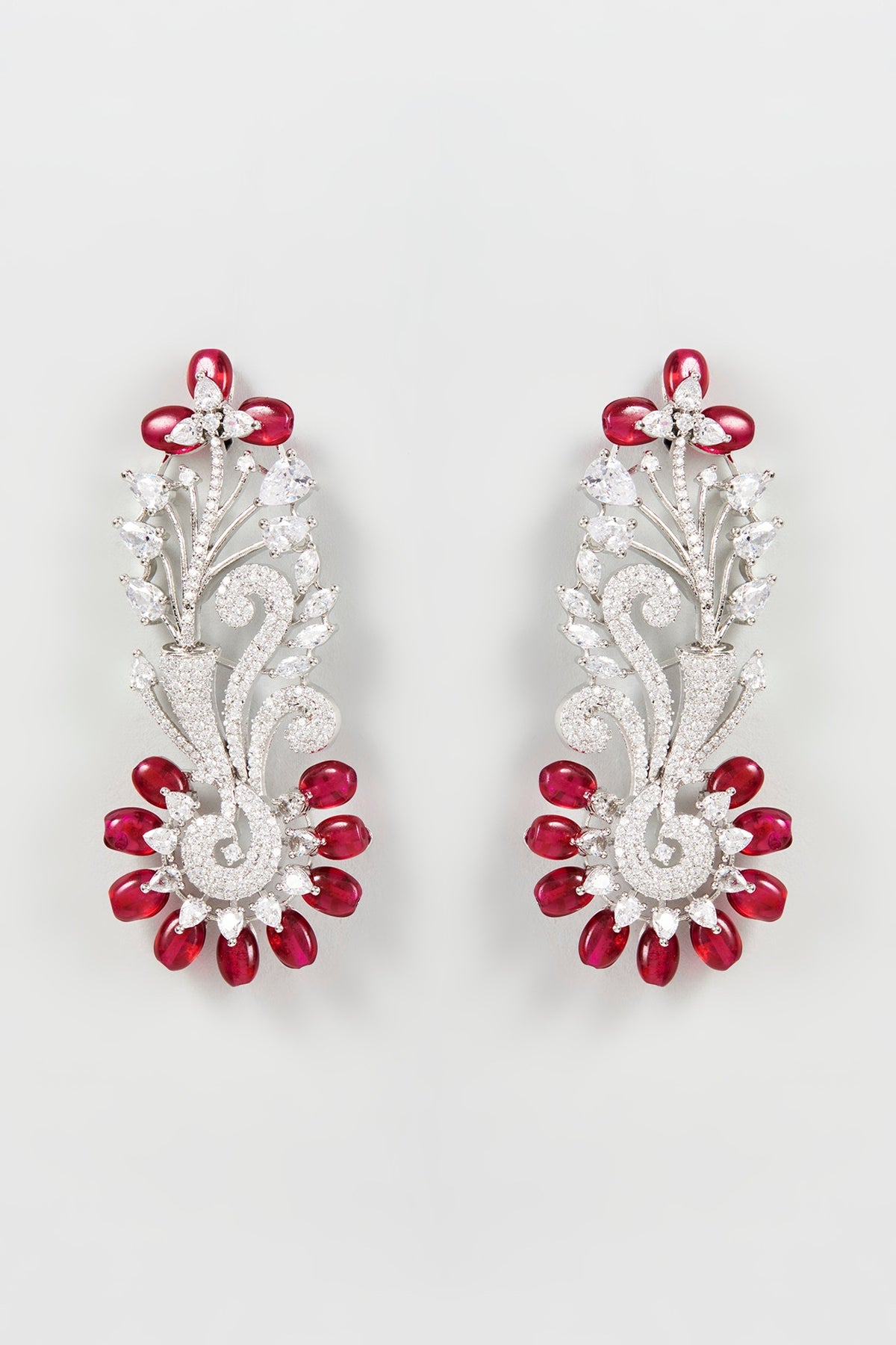 White Finish Zircon & Red Synthetic Stone Dangler Earrings