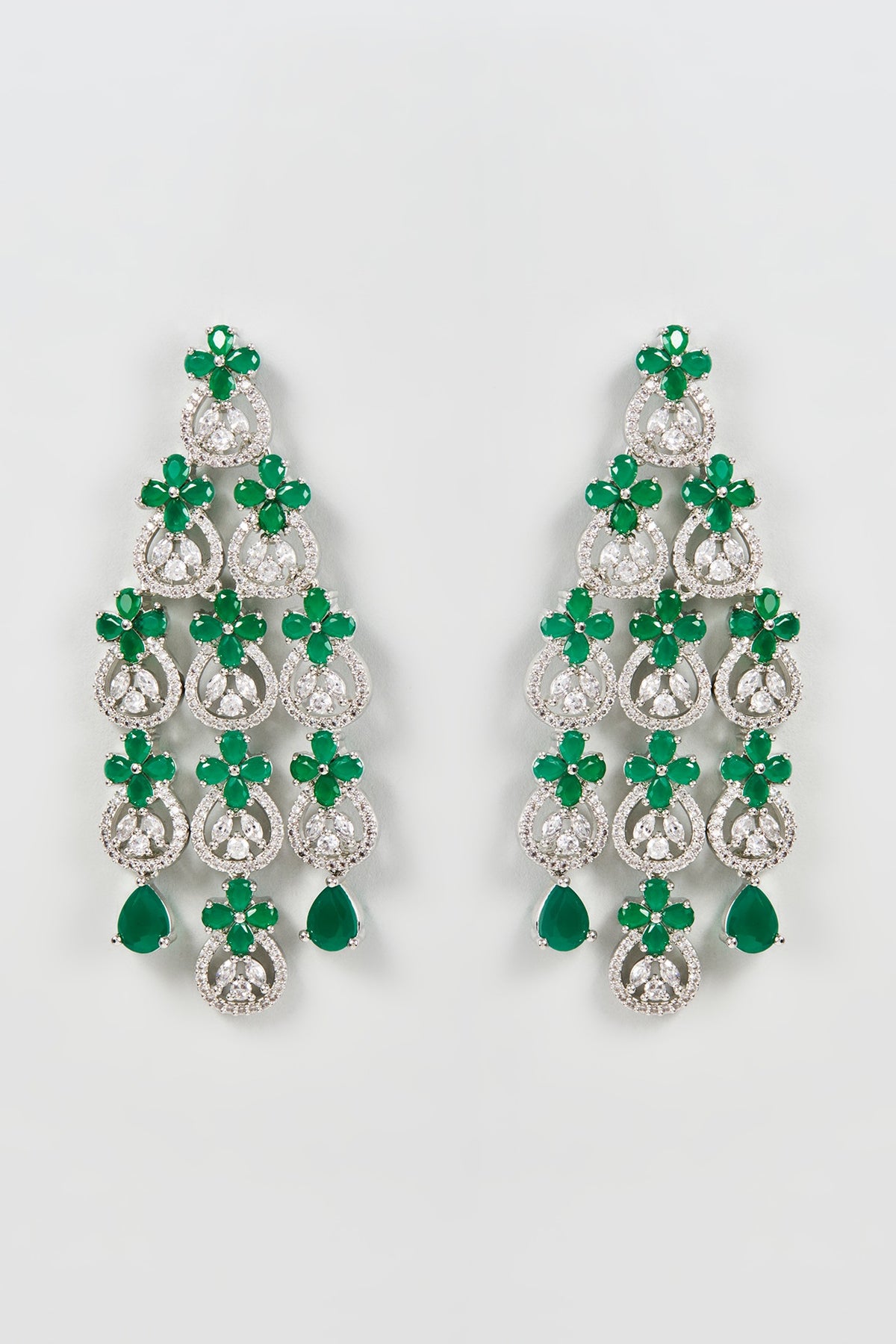 White Finish Zircon & Green Synthetic Stone Dangler Earrings