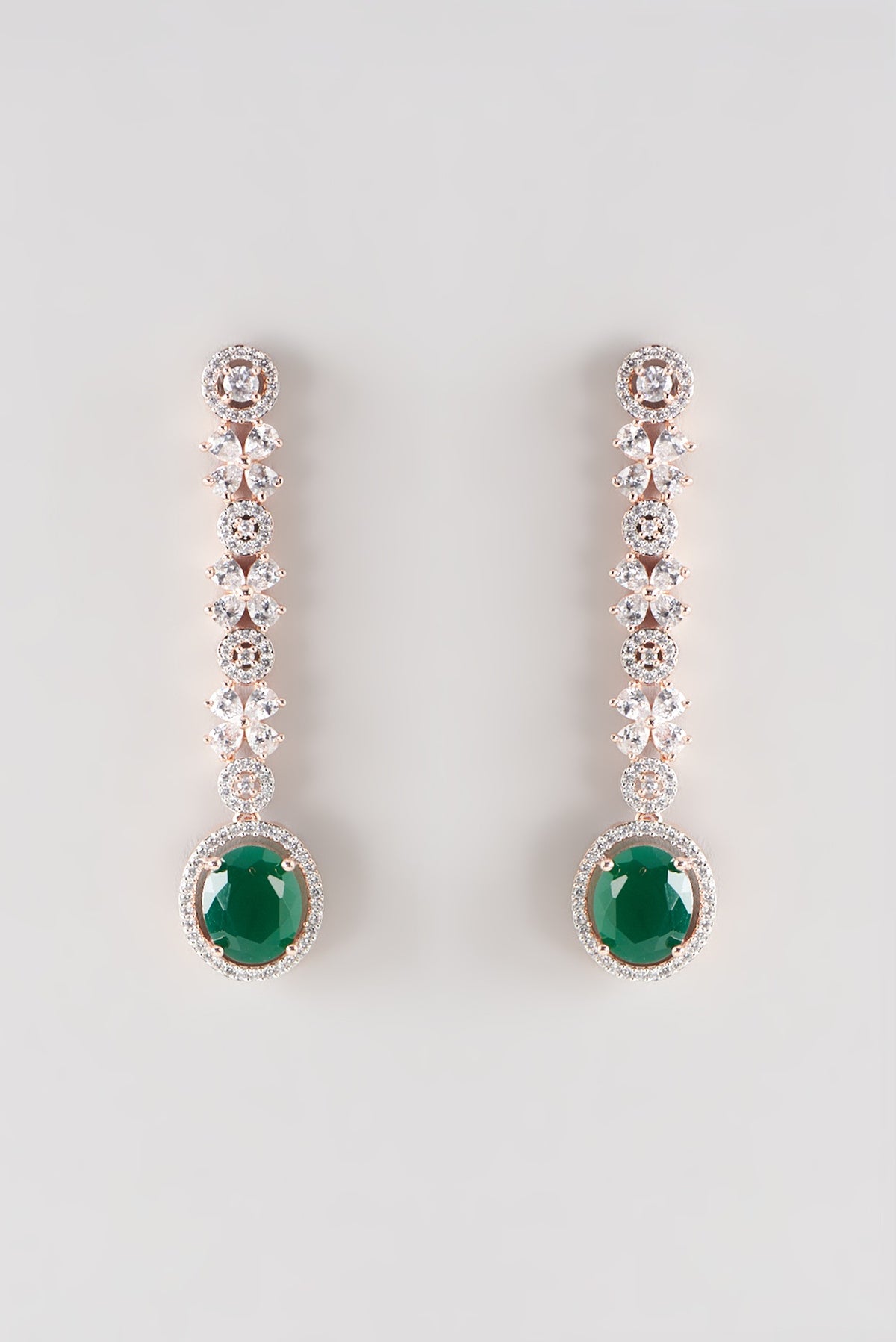 Rose Gold Finish Faux Diamond & Green Stone Dangler Earrings