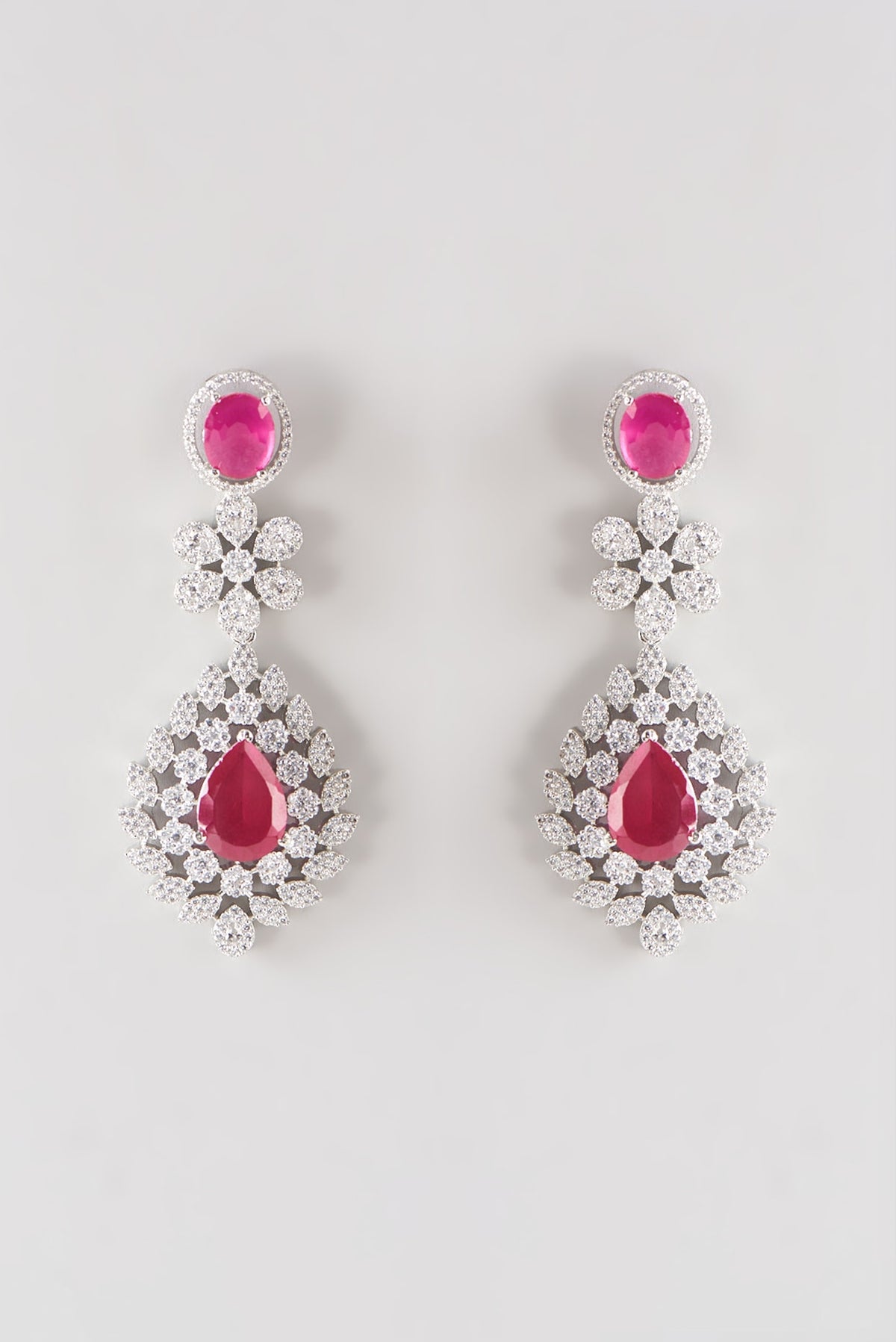 White Finish Faux Diamond & Red Stone Dangler Earrings