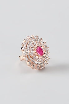 Rose Gold Finish Faux Diamond & Synthetic Red Stone Ring