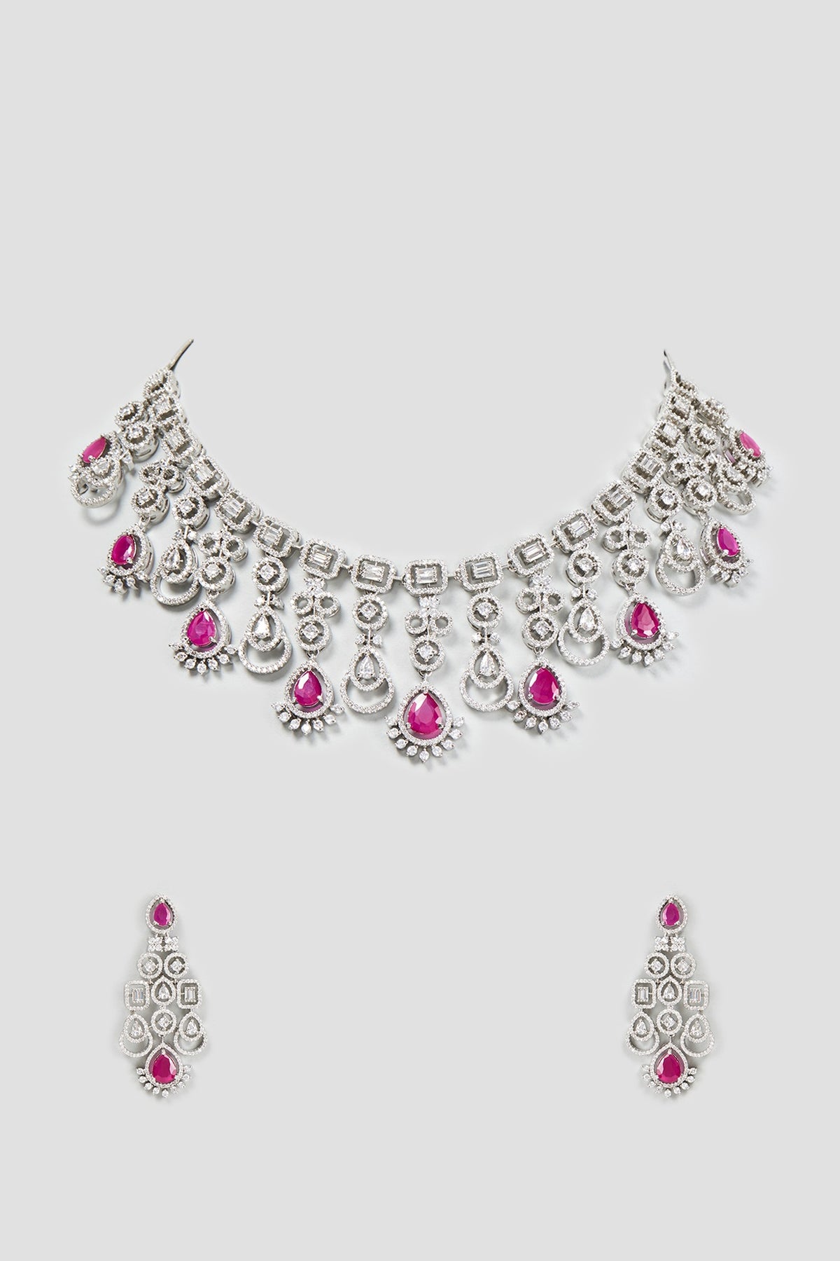 White Finish Zircon & Synthetic Ruby Necklace Set
