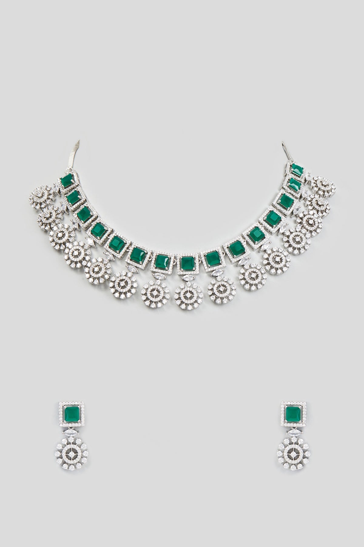 White Finish Zircon & Synthetic Emerald Stone Necklace Set