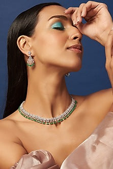 White Finish Faux Diamond & Synthetic Emerald Stone Necklace Set