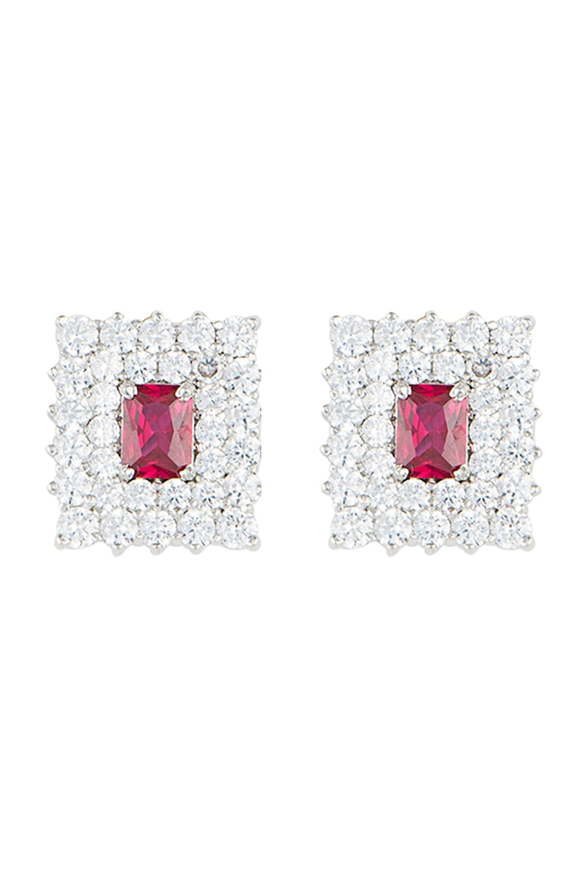 Silver plated faux ruby and diamond stud earrings