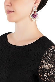 Silver plated faux ruby and pearl earrings