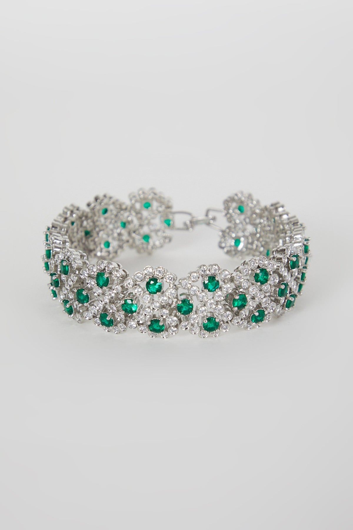 White Finish Green Stone & Diamond Bracelet
