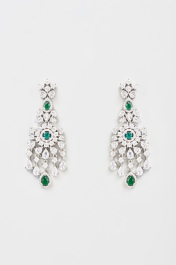 White Finish Faux Diamond & Emerald Dangler Earrings
