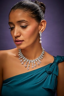 White Finish Faux Diamond & Pink Synthetic Stone Necklace Set
