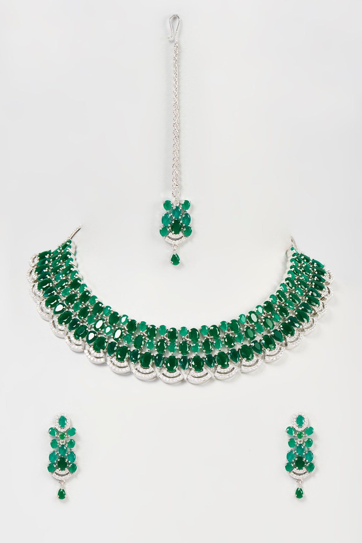White Finish White & Green Faux Diamond Necklace Set