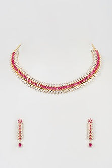 Gold Finish Faux Diamond & Ruby Synthetic Stone Choker Necklace Set
