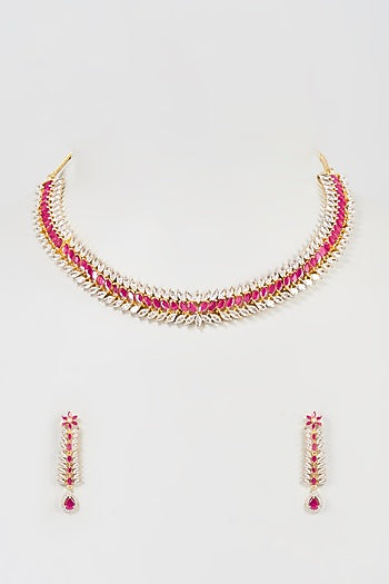 Gold Finish Faux Diamond & Ruby Synthetic Stone Choker Necklace Set