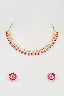 Gold Finish Faux Diamond & Ruby Synthetic Stone Necklace Set