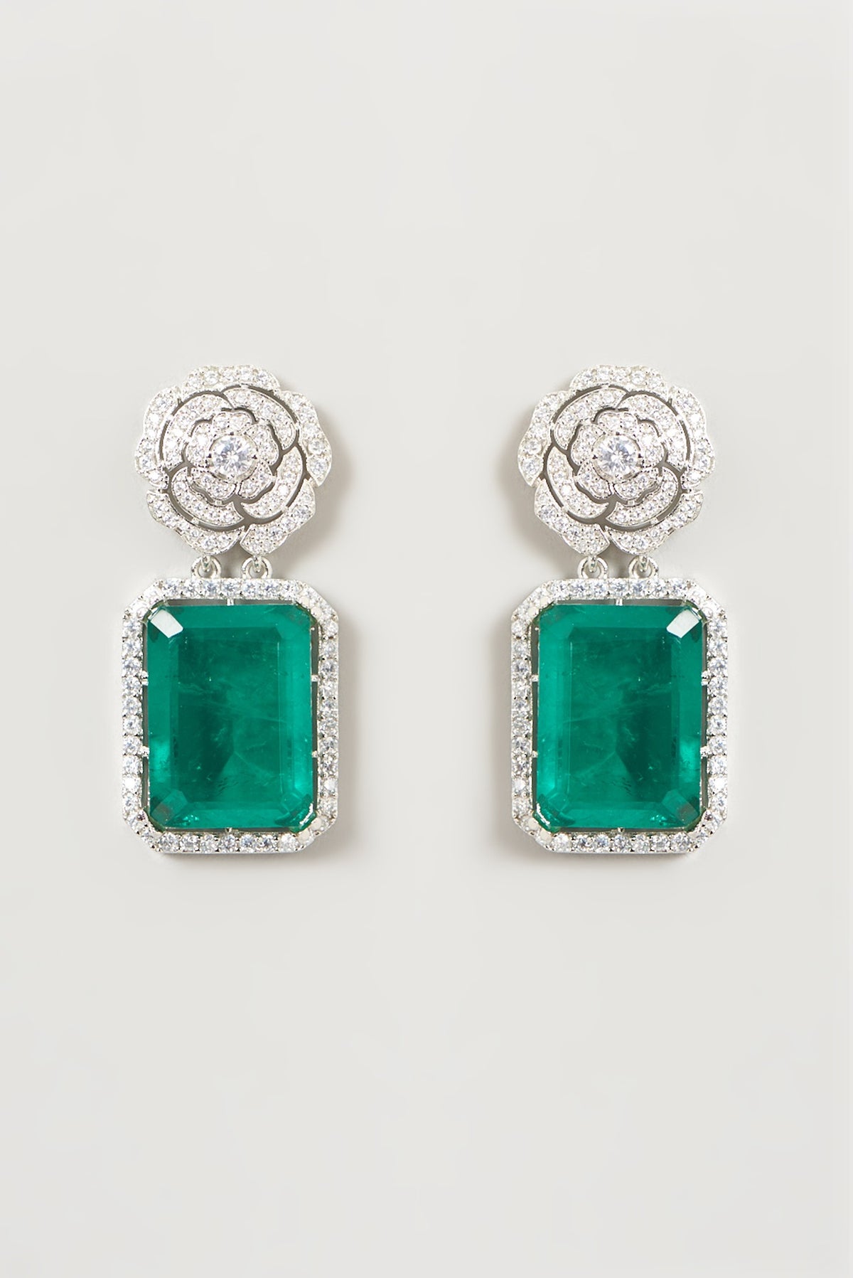 White Finish Faux Doublet Diamond & Emerald Dangler Earrings