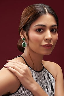 White Finish Faux Diamond & Emerald Dangler Earrings