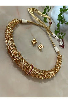 Gold Finish Ruby & Floral Motif Choker Necklace Set
