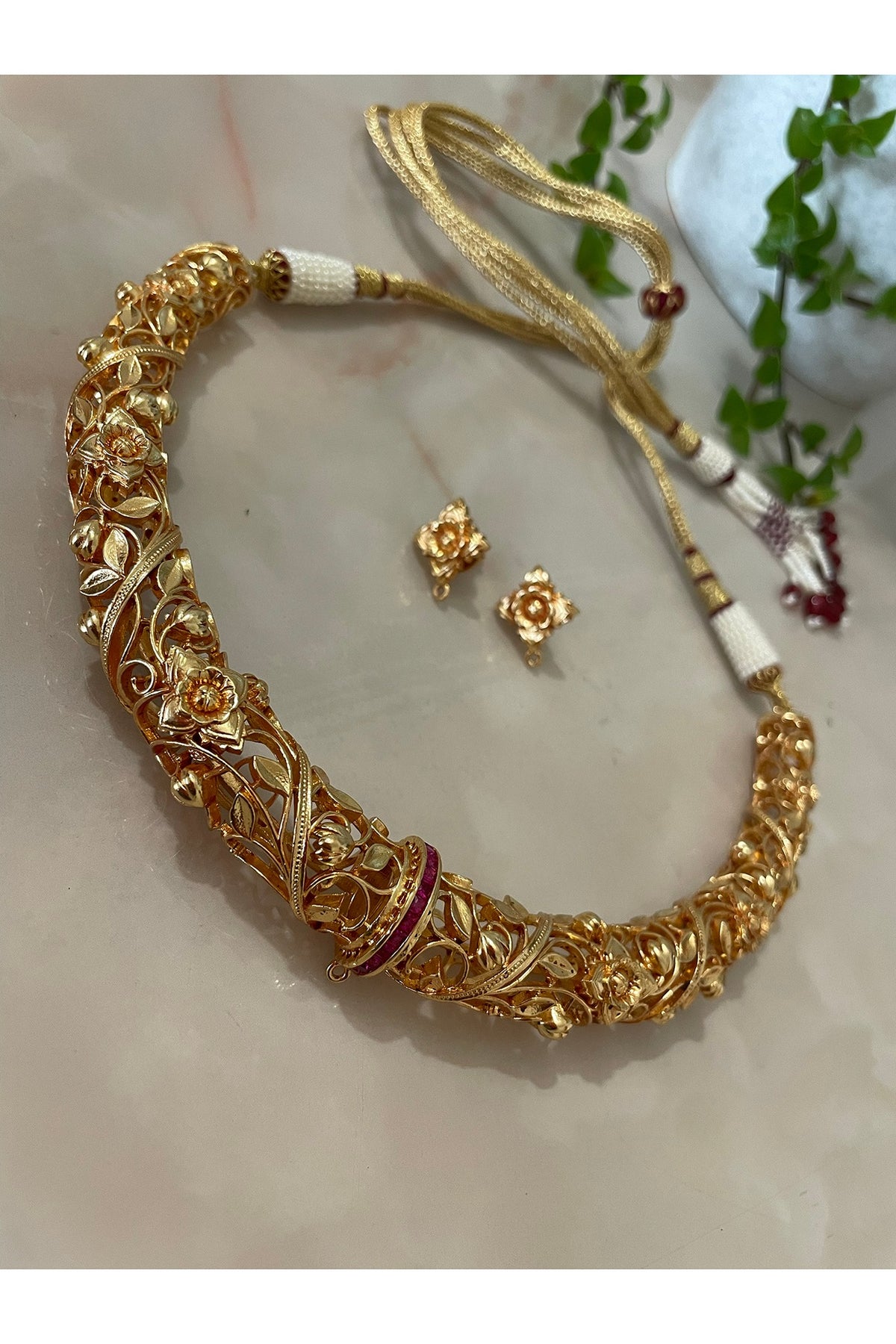 Gold Finish Ruby & Floral Motif Choker Necklace Set