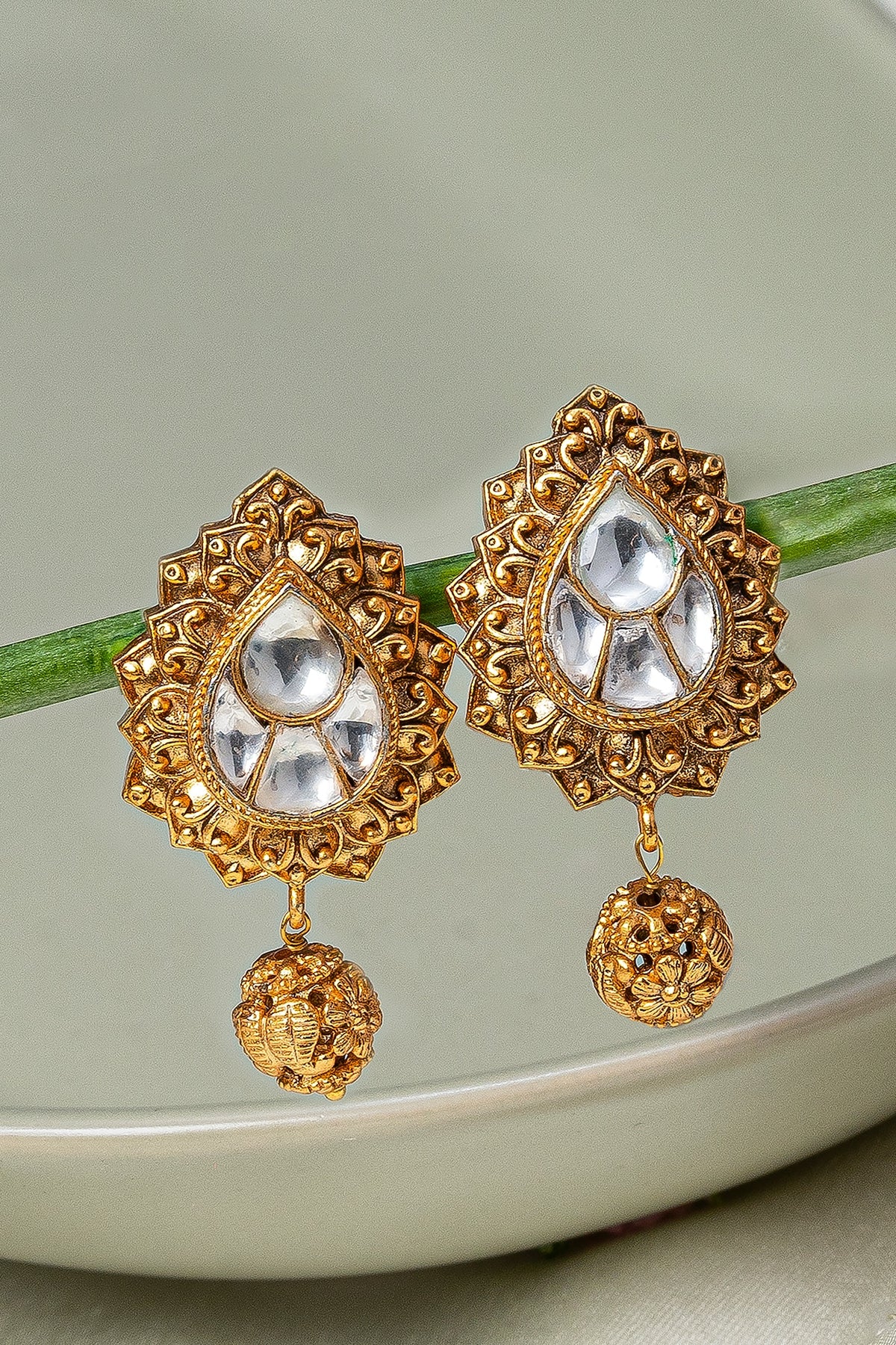 Gold Finish Ruby Synthetic Stone & Kundan Polki Dangler Earrings