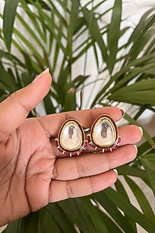 Gold Finish Kundan Polki & Pearl Stud Earrings