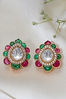 Gold Finish Kundan Polki & Stone Stud Earrings
