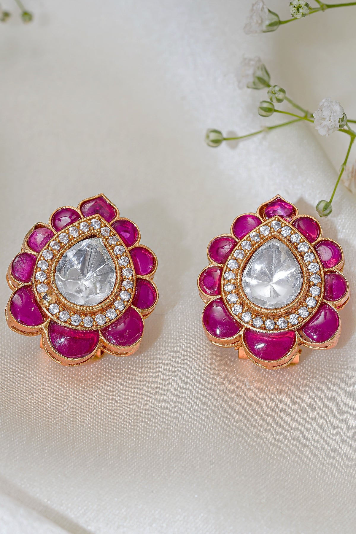Gold Finish Kundan Polki & Ruby Synthetic Stone Stud Earrings
