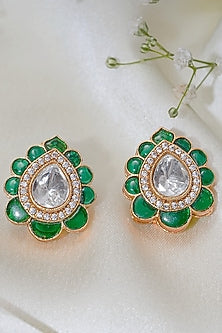 Gold Finish Kundan Polki & Emerald Synthetic Stone Stud Earrings