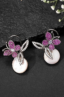 Black Rhodium Finish Pink Diamond & Baroque Pearl Butterfly Stud Earrings