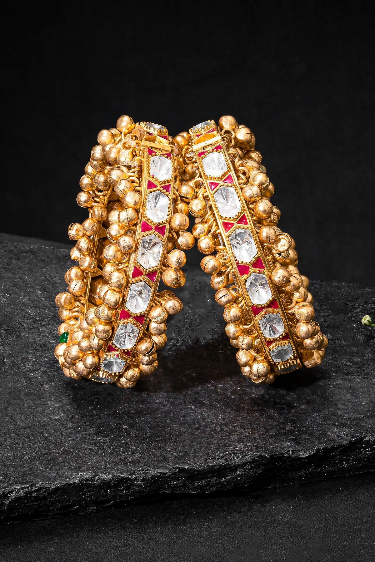 Gold Plated Kundan Polki & Red Stone Bangles (Set Of 2)