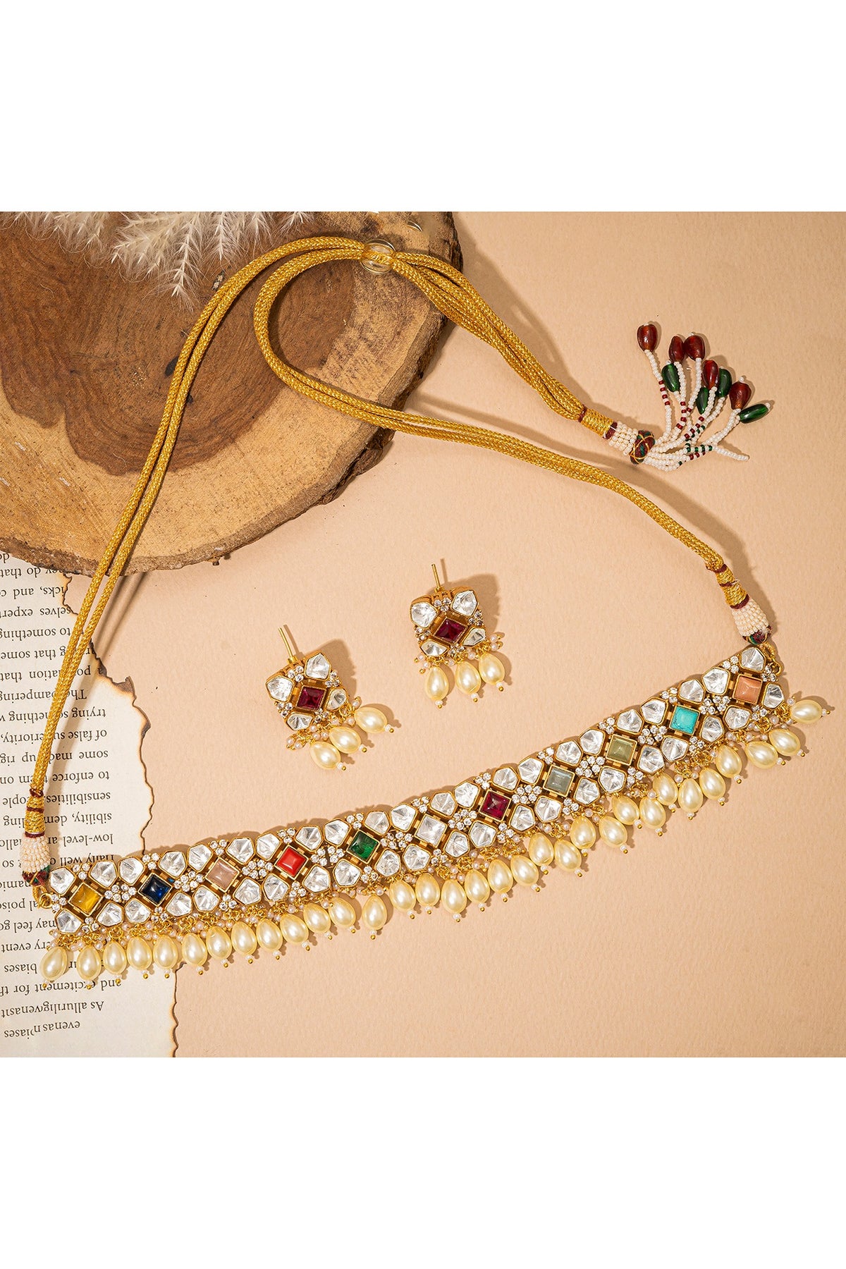 Gold Finish Kundan Polki & Navratna Stone Choker Necklace Set
