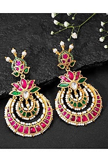 Gold Finish Kundan Polki & Multi-Colored Stone Floral Chandbali Earrings