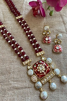 Gold Finish Maroon Beaded & Pearl Long Necklace Set
