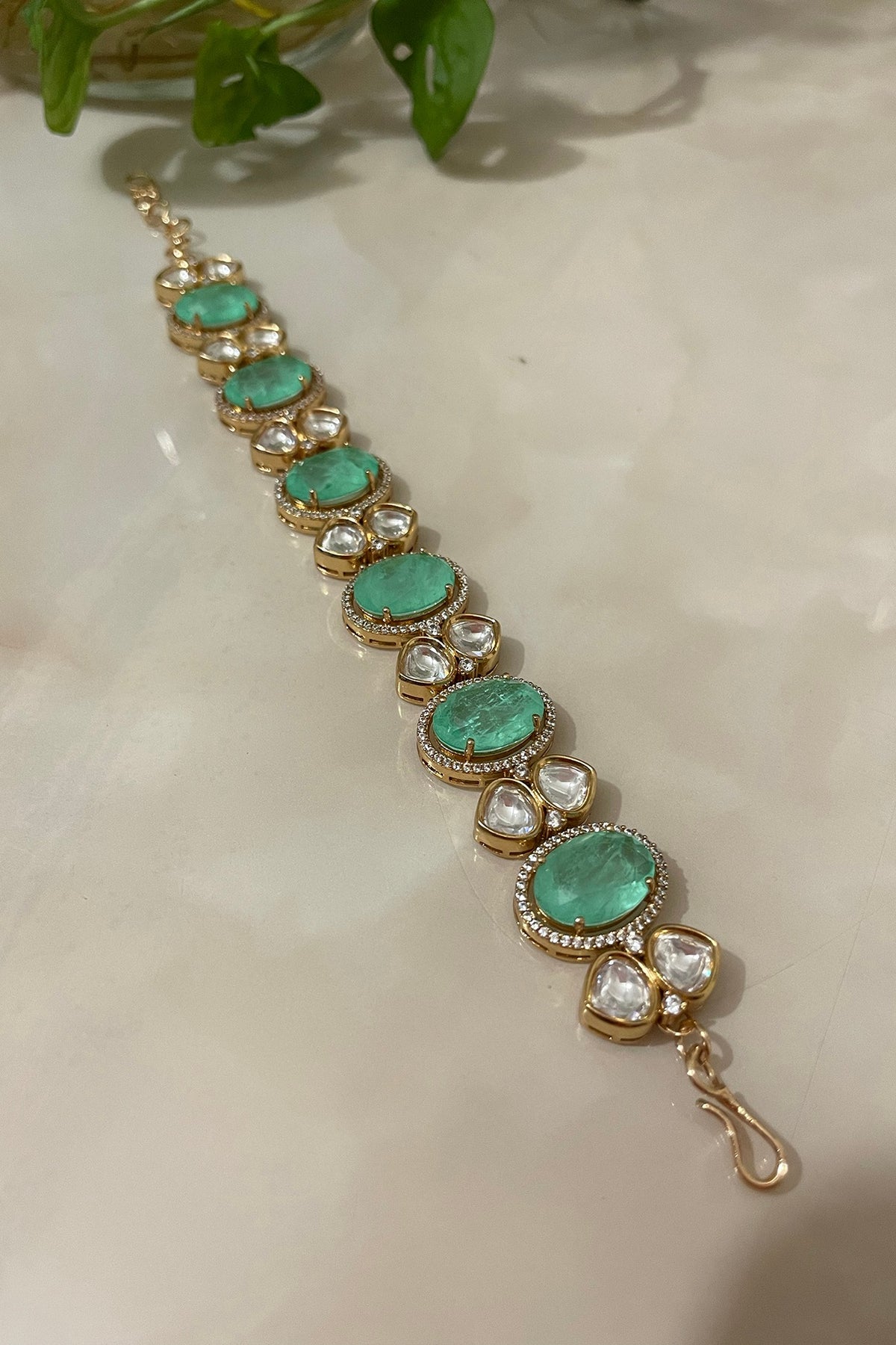 Gold Finish Kundan Polki & Sea-Green Stone Bracelet