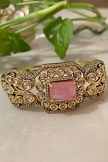Gold Finish Pink Quartz Stone & Kundan Polki Cuff Bracelet