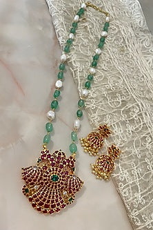 Gold Finish Gemstone & Pearl Long Necklace Set