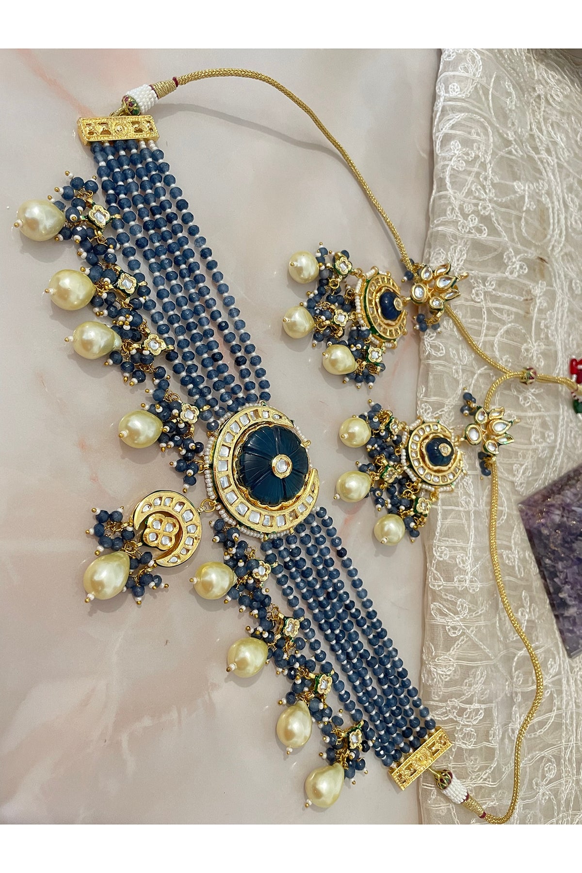 Gold Finish Blue Beaded Necklace Set