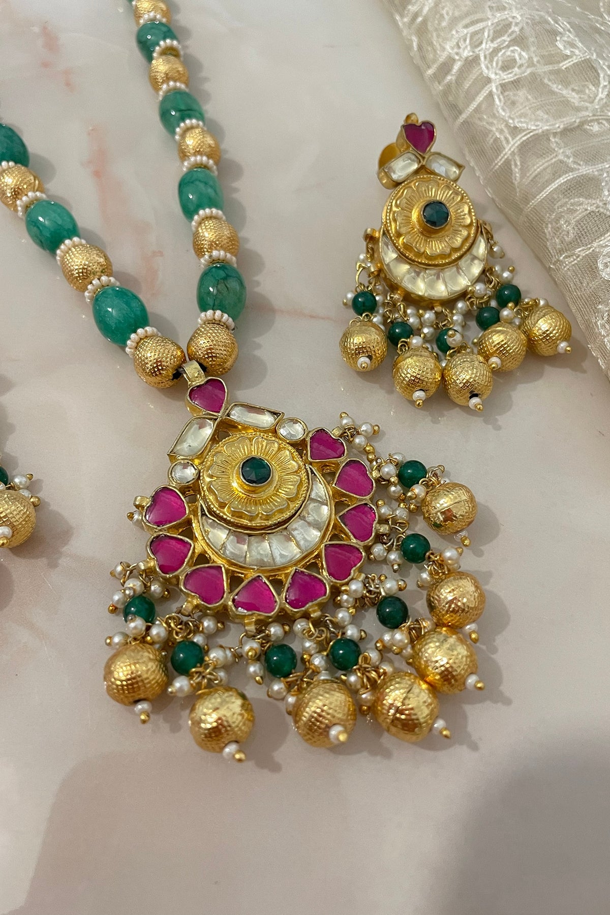 Gold Finish Kundan Polki & Emerald Green Beaded Long Necklace Set