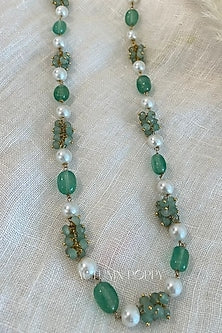 Gold Finish Pearl & Green Jade Long Necklace