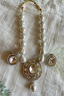 Gold Finish Pearl & Champagne Stone Long Necklace Set