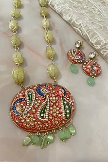 Gold Finish Jade Green Stone Long Necklace Set