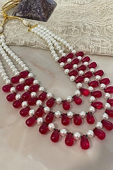 Gold Finish Pearl & Ruby Synthetic Stone Long Necklace