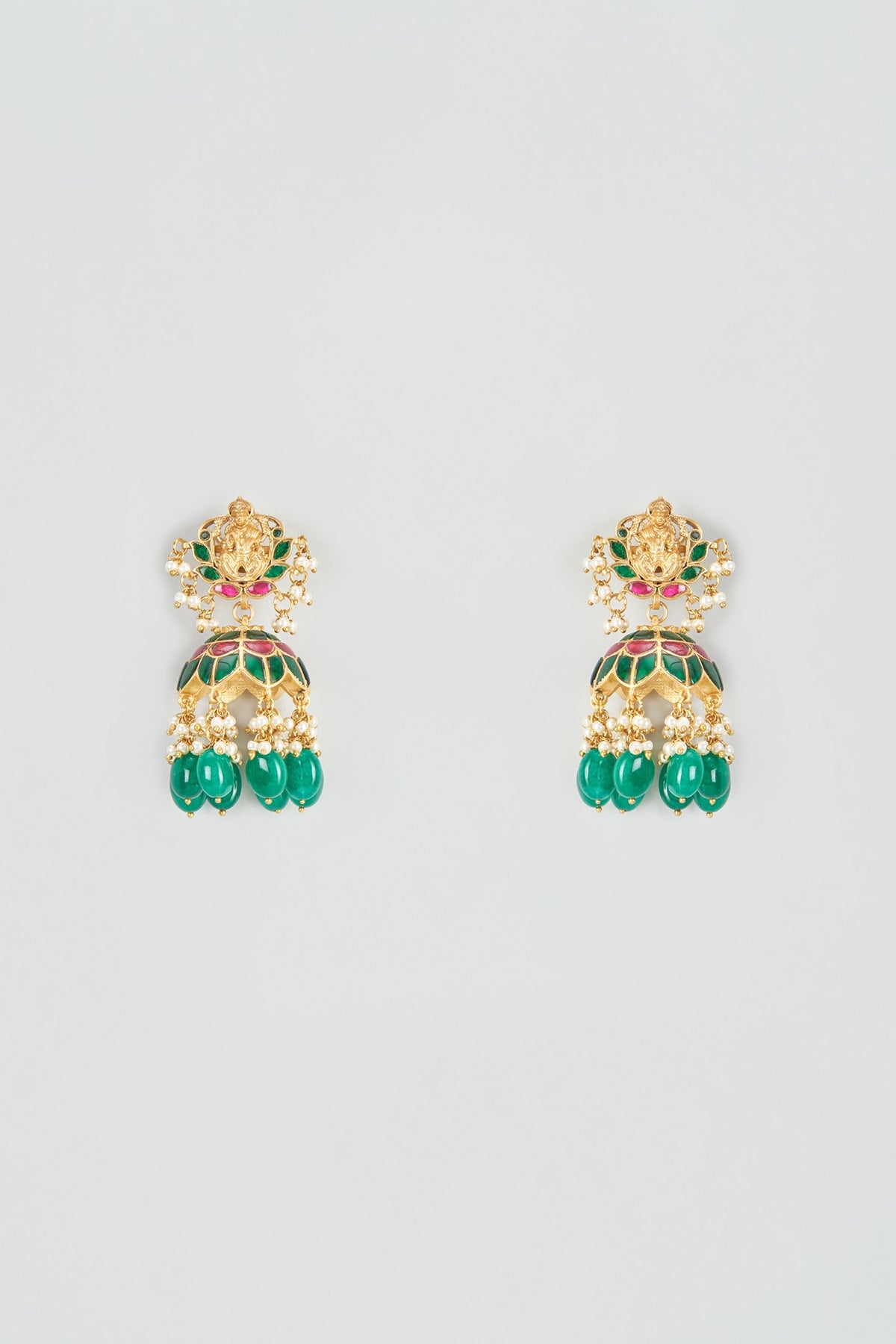 Gold Plated Kundan & Emerald Jhumka Earrings