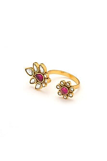 Gold Plated Lush Crimson Stone Floral Ring