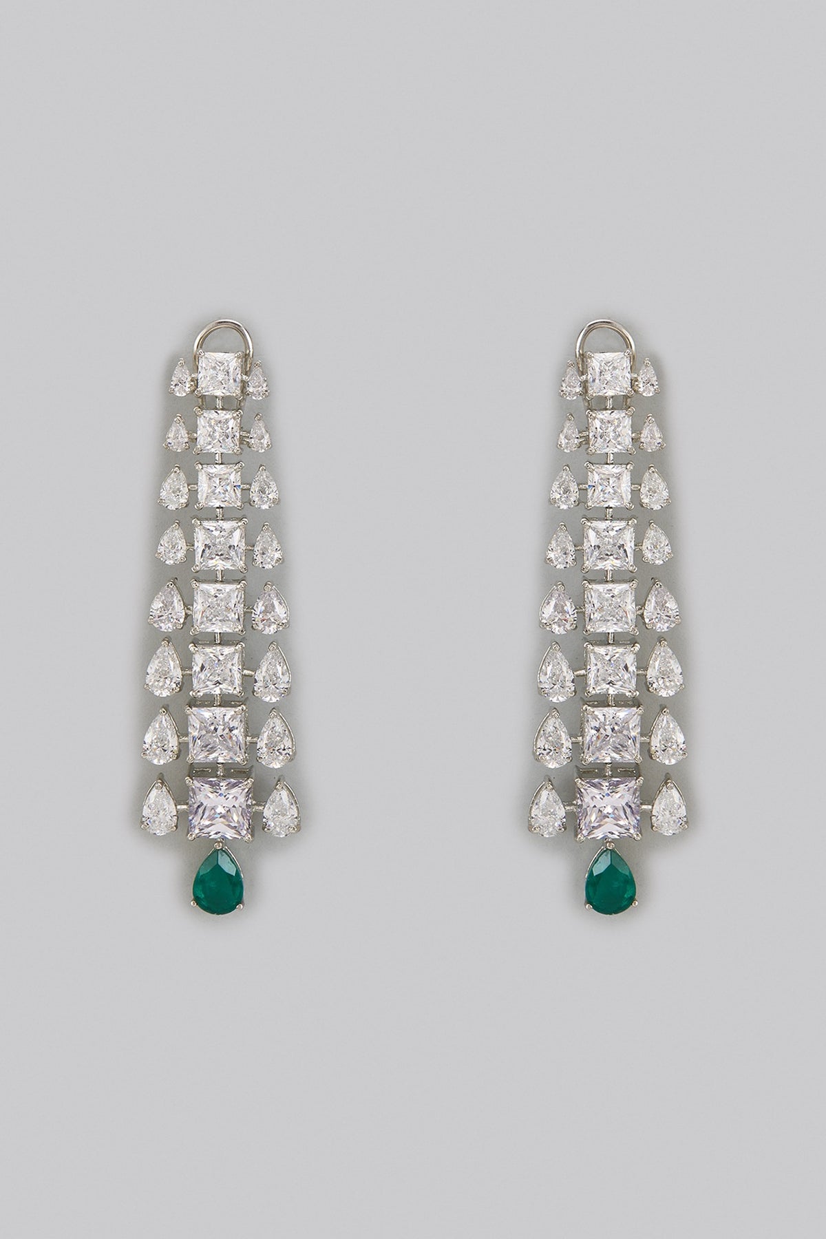 White Rhodium Finish Emerald Synthetic Stone Dangler Earrings In Sterling Silver