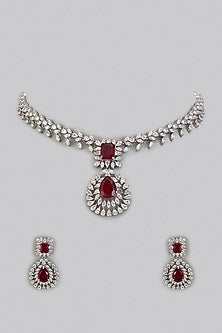 White Rhodium Finish Ruby Stone Necklace Set In Sterling Silver
