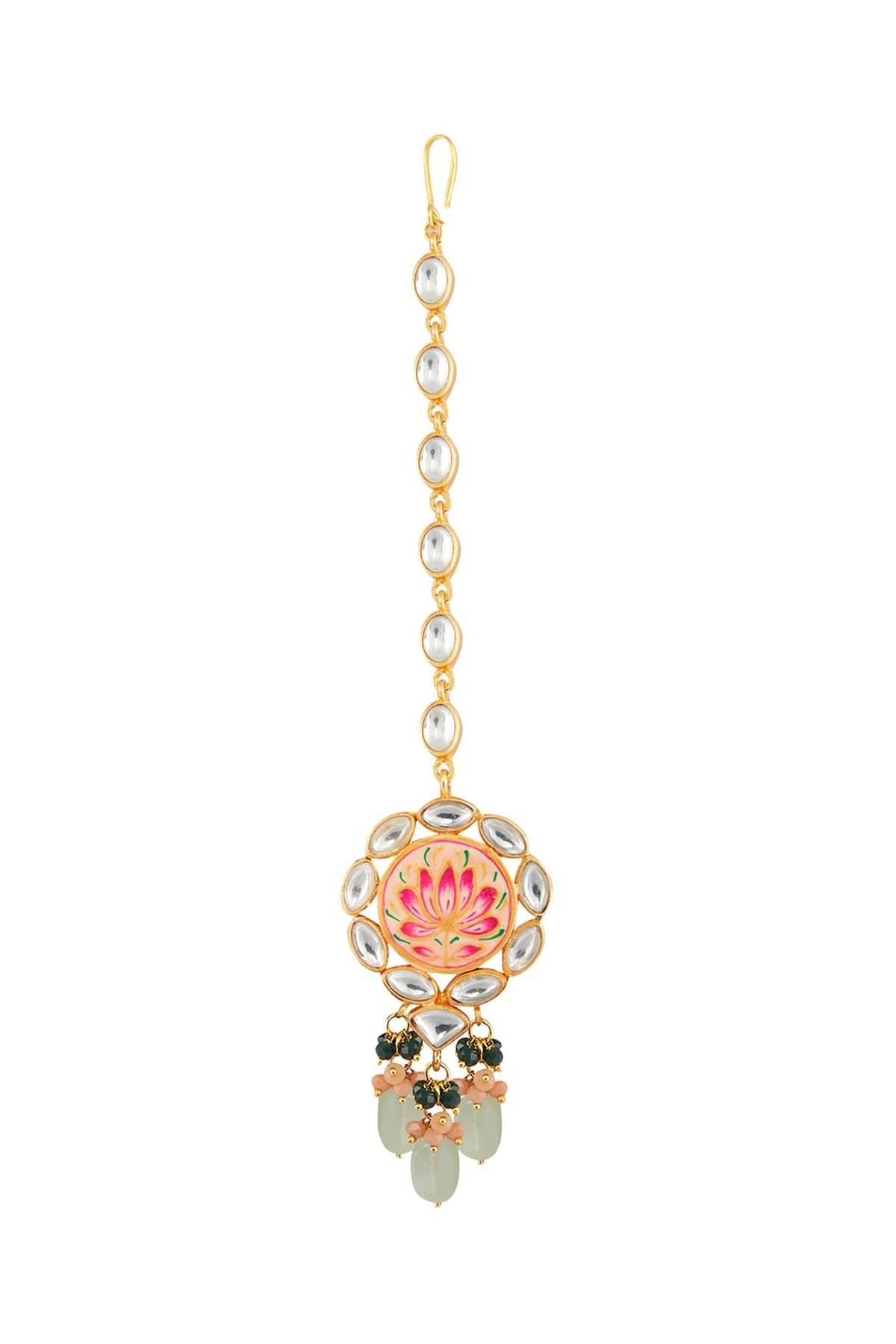 Gold Finish Grey Stone Necklace Set With Maang Tikka